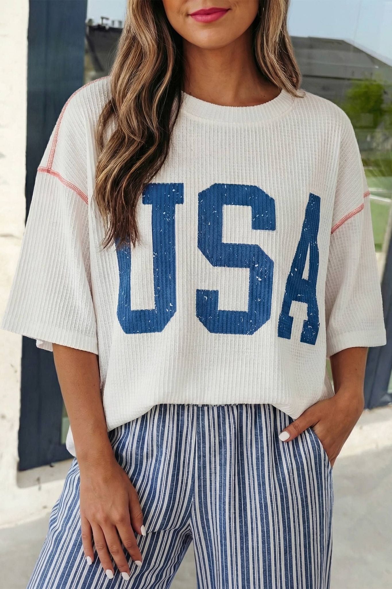 USA Graphic Half Sleeve Ribbed Top | S-XL Plus 1X-4X