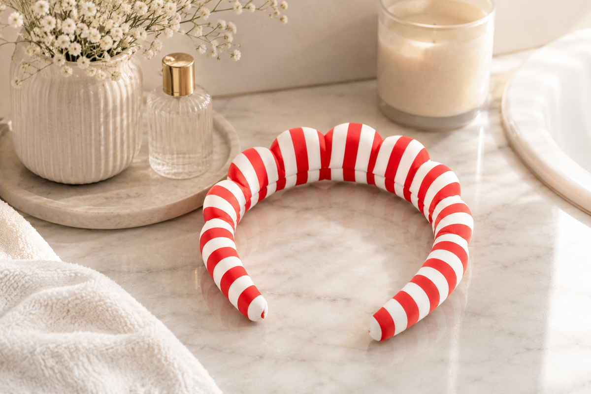Red Striped “Get Ready With Me” Skincare Headband