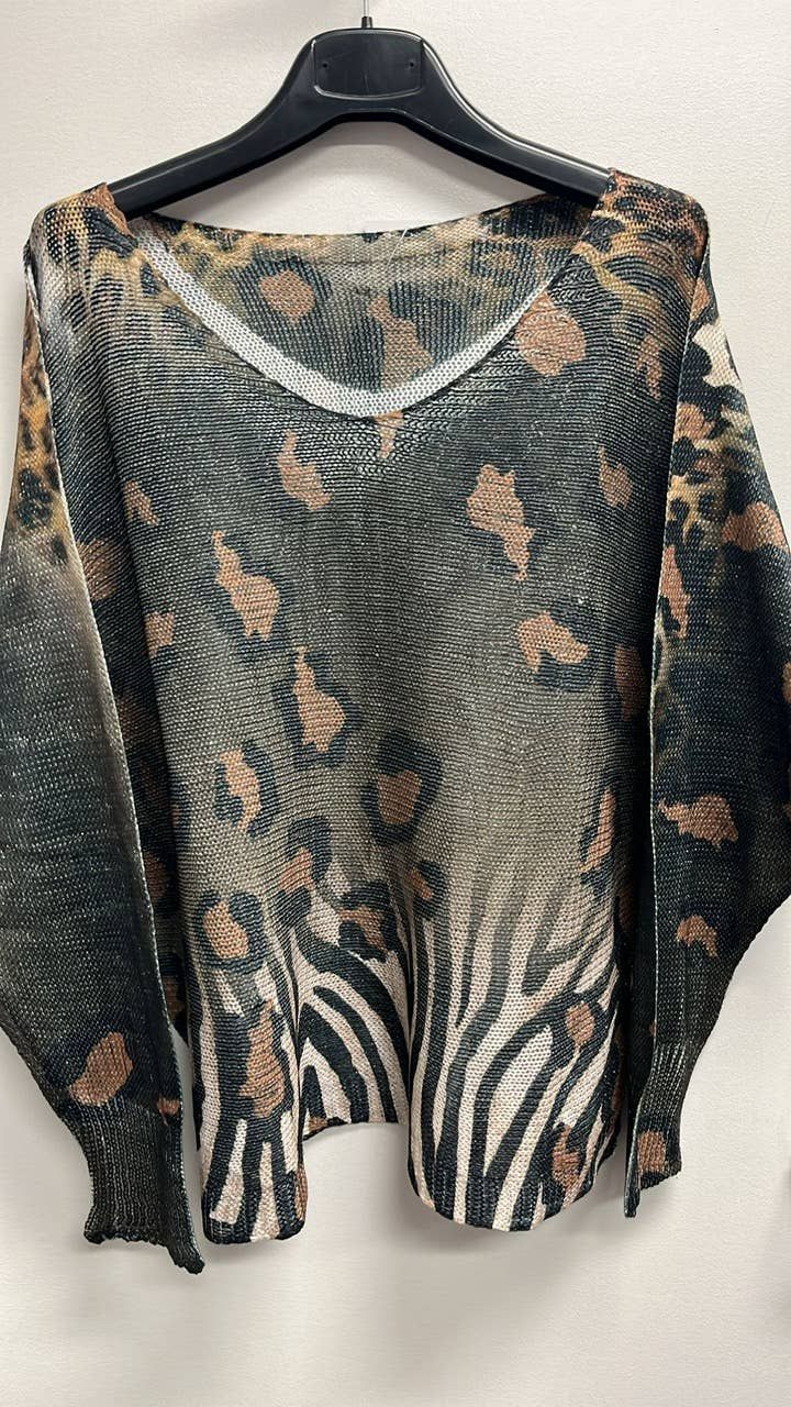 VI422 Olive Leopard Fall V- Neck Knit Printed Sweater