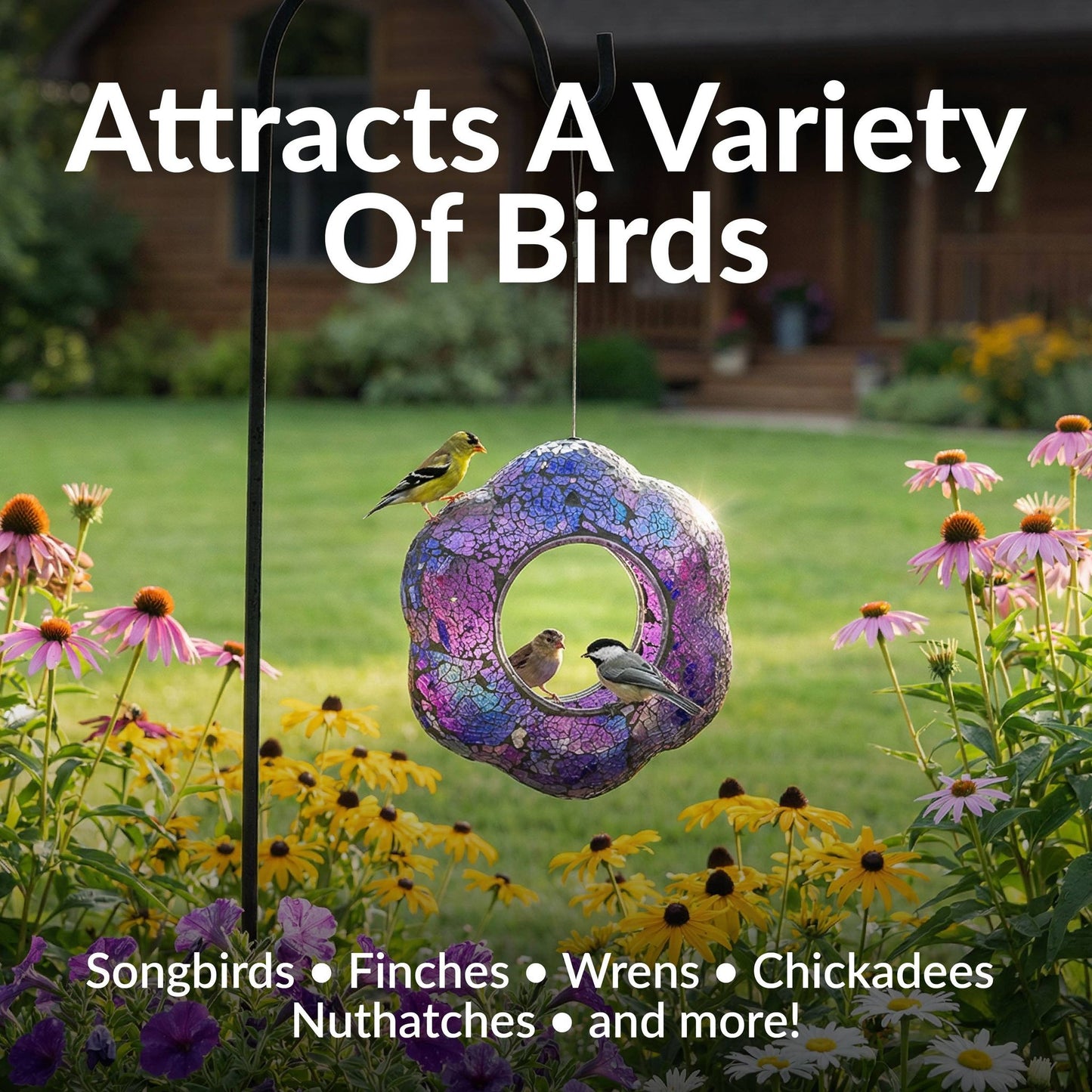 Purple Glass Flower Mosaic Fly-Through Hanging Bird Feeder