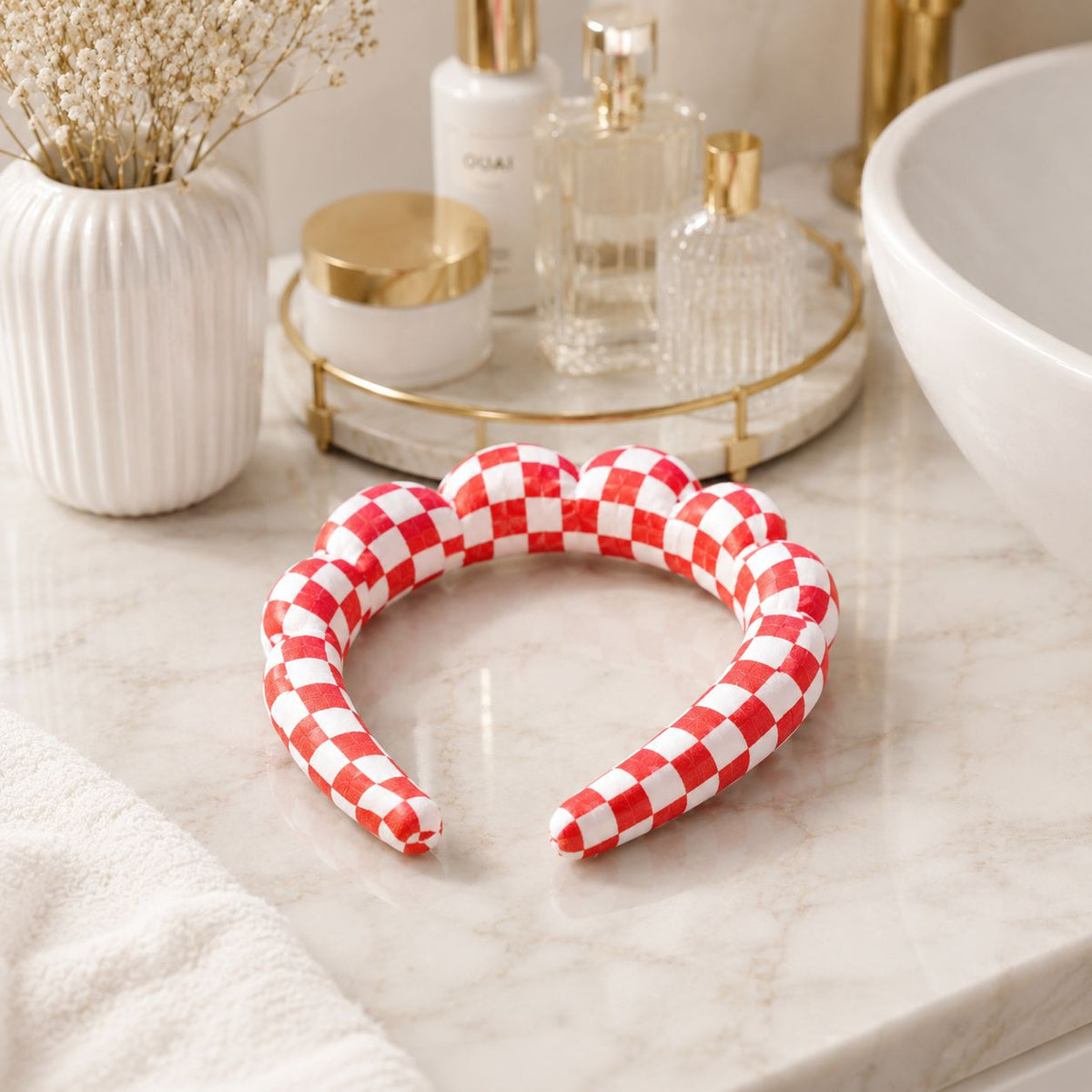 Red Checkerboard “Get Ready With Me” Skincare Headband