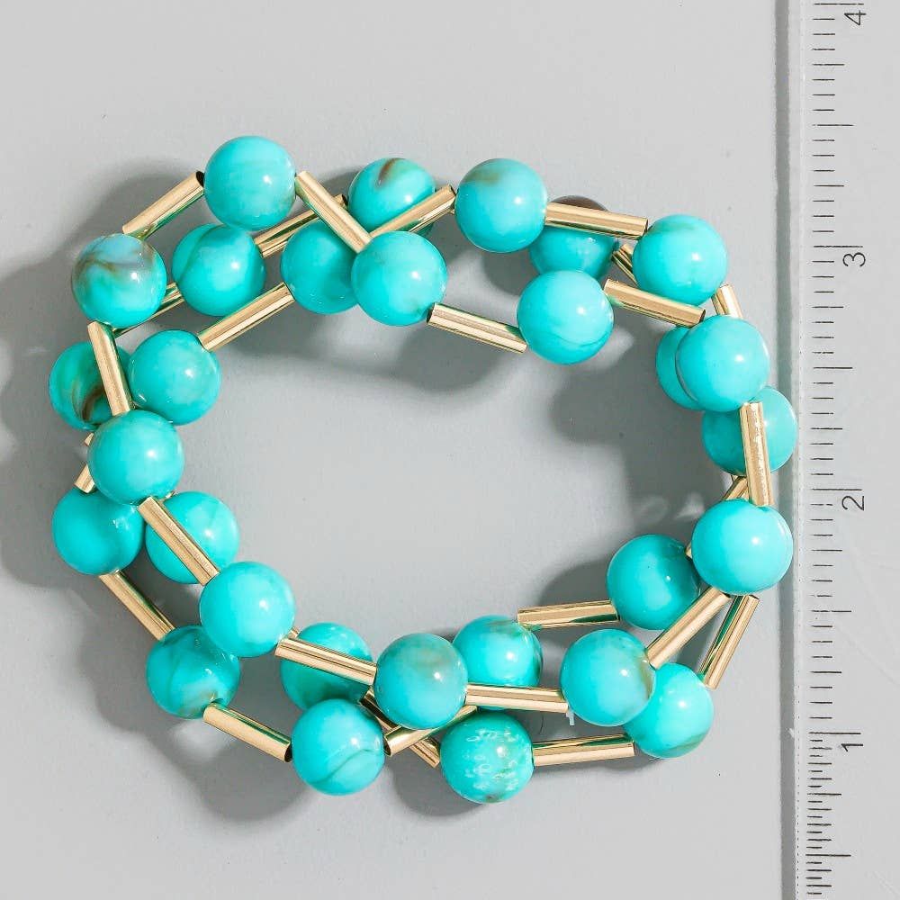 Metallic Bars And Ball Resin Beads Bracelet 3 Set