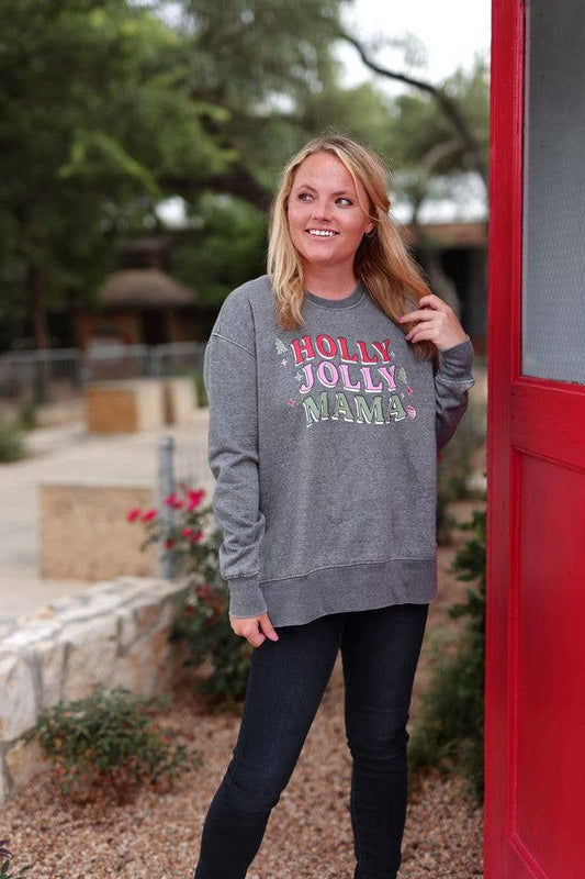 Holly Jolly Mama - Burnout Sweatshirt - Charcoal