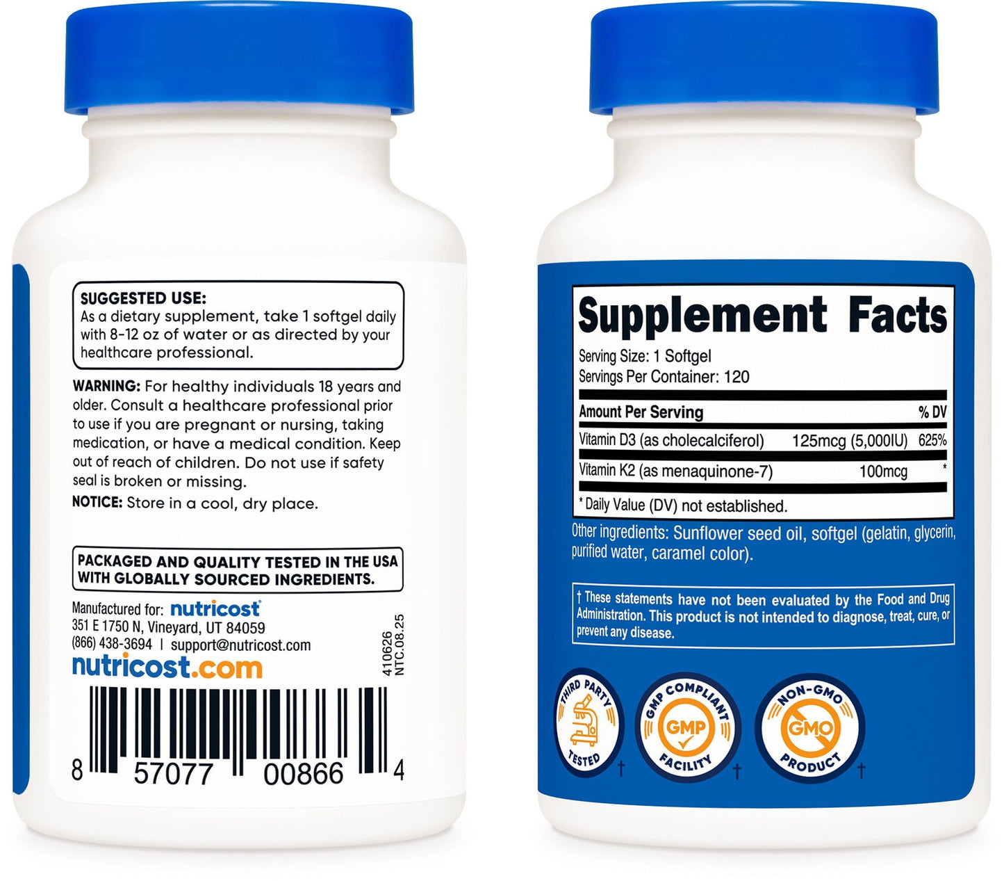 Vitamin K2 (mk7) (100mcg) + Vitamin D3 Softgels (5000IU) (120 Softgels)