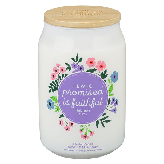 Glass  Candle  w/Bamboo  Lid  He Who
Promised Is Faithful Heb. 10:23