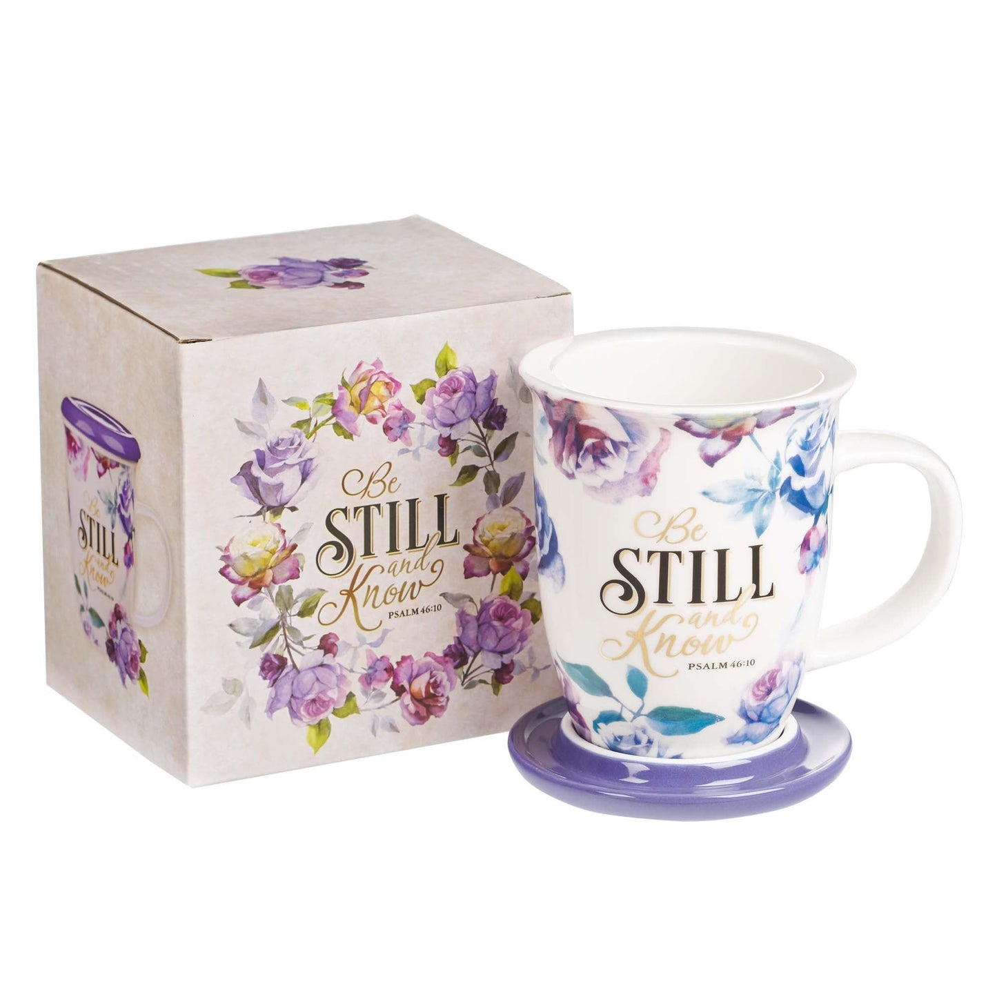 Mug with Lid Purple/White Floral Be Still
Ps. 46:10