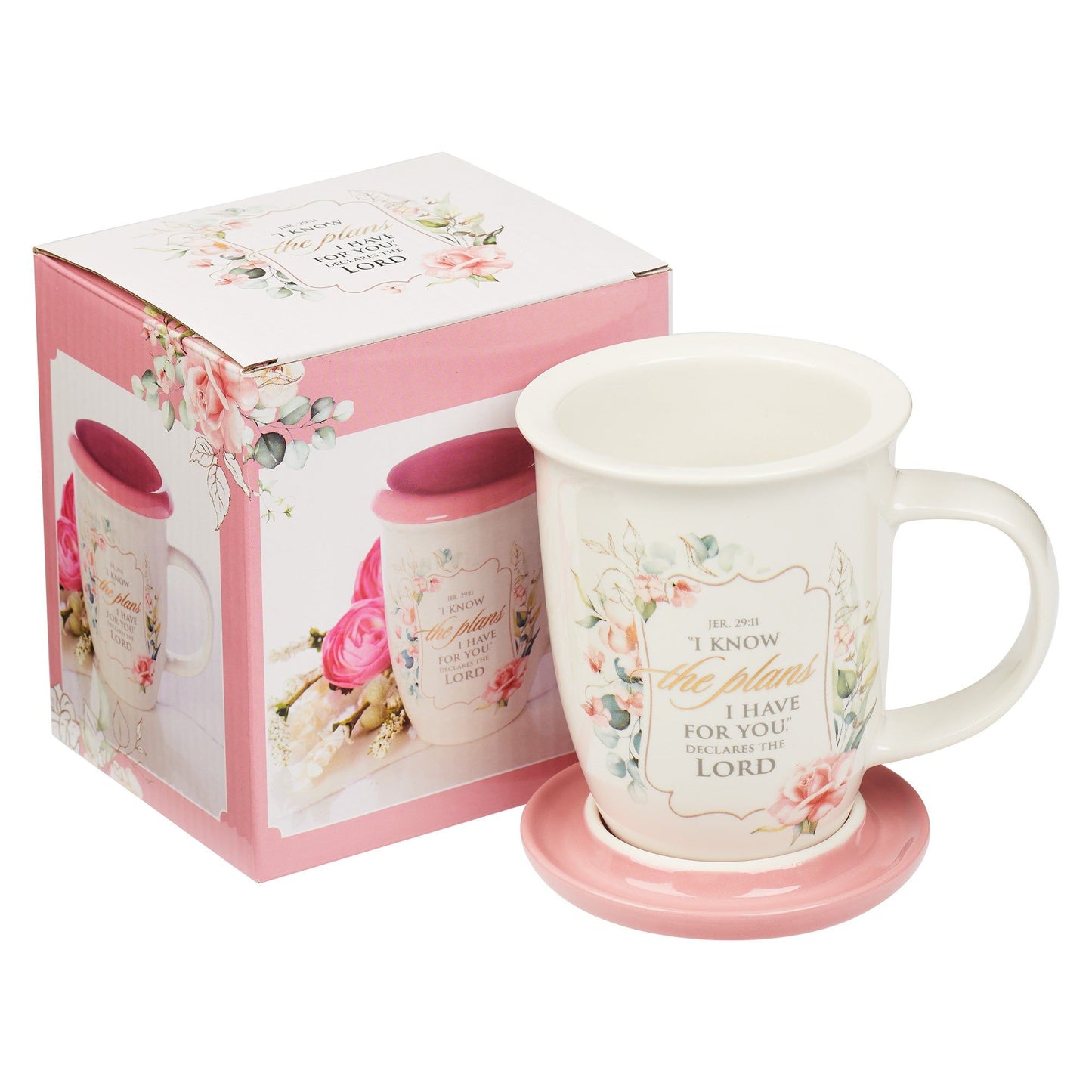 Mug with Lid Pink/White Floral I Know the
Plans Jer. 29:11