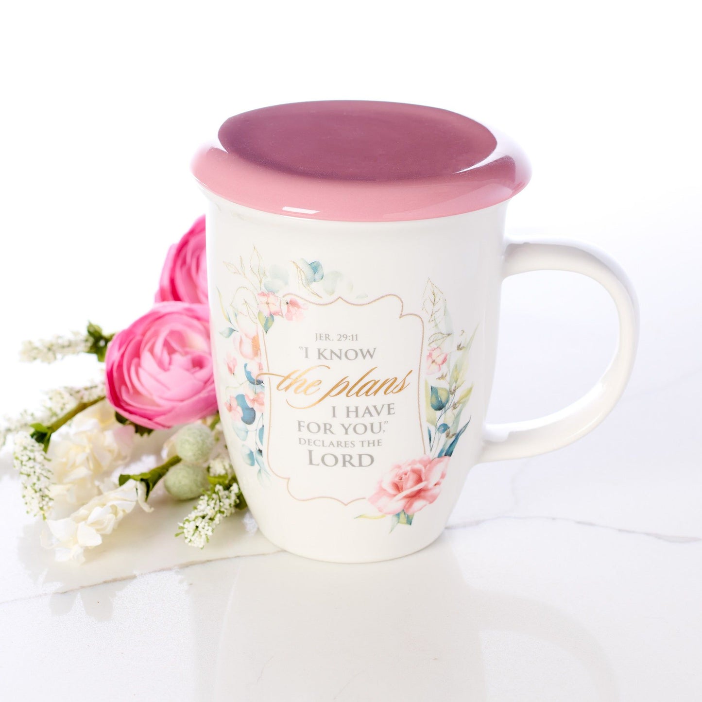 Mug with Lid Pink/White Floral I Know the
Plans Jer. 29:11