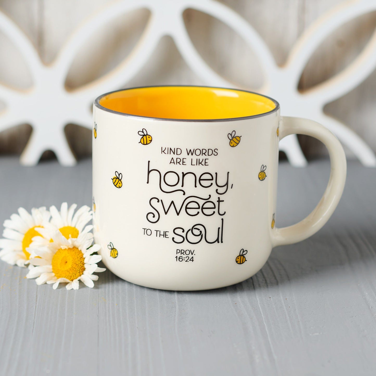 Mug White/Yellow Bees Kind Words Prov.
16:24