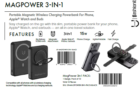 Mag Power 3-N-1 - MAGNETIC WIRELESS 10K MAH POWERBANK - BLACK