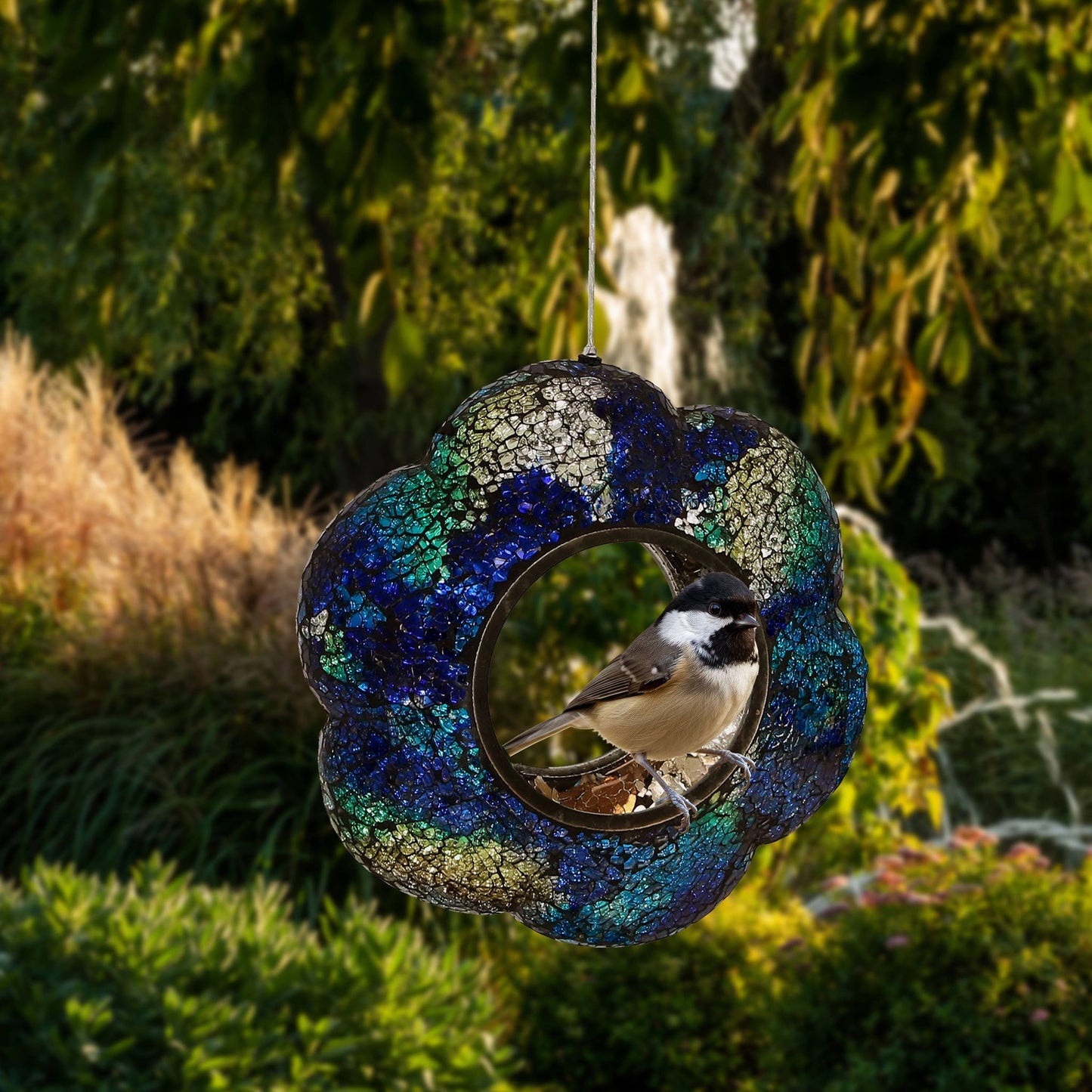 Glass Indigo Flower Mosaic Fly-Through Hanging Bird Feeder