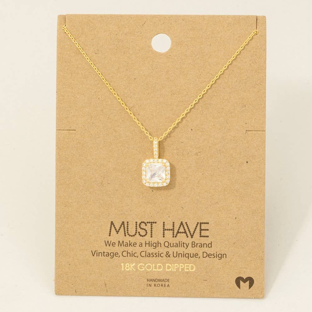Gold Dipped Square Rhinestone Pendant Necklace