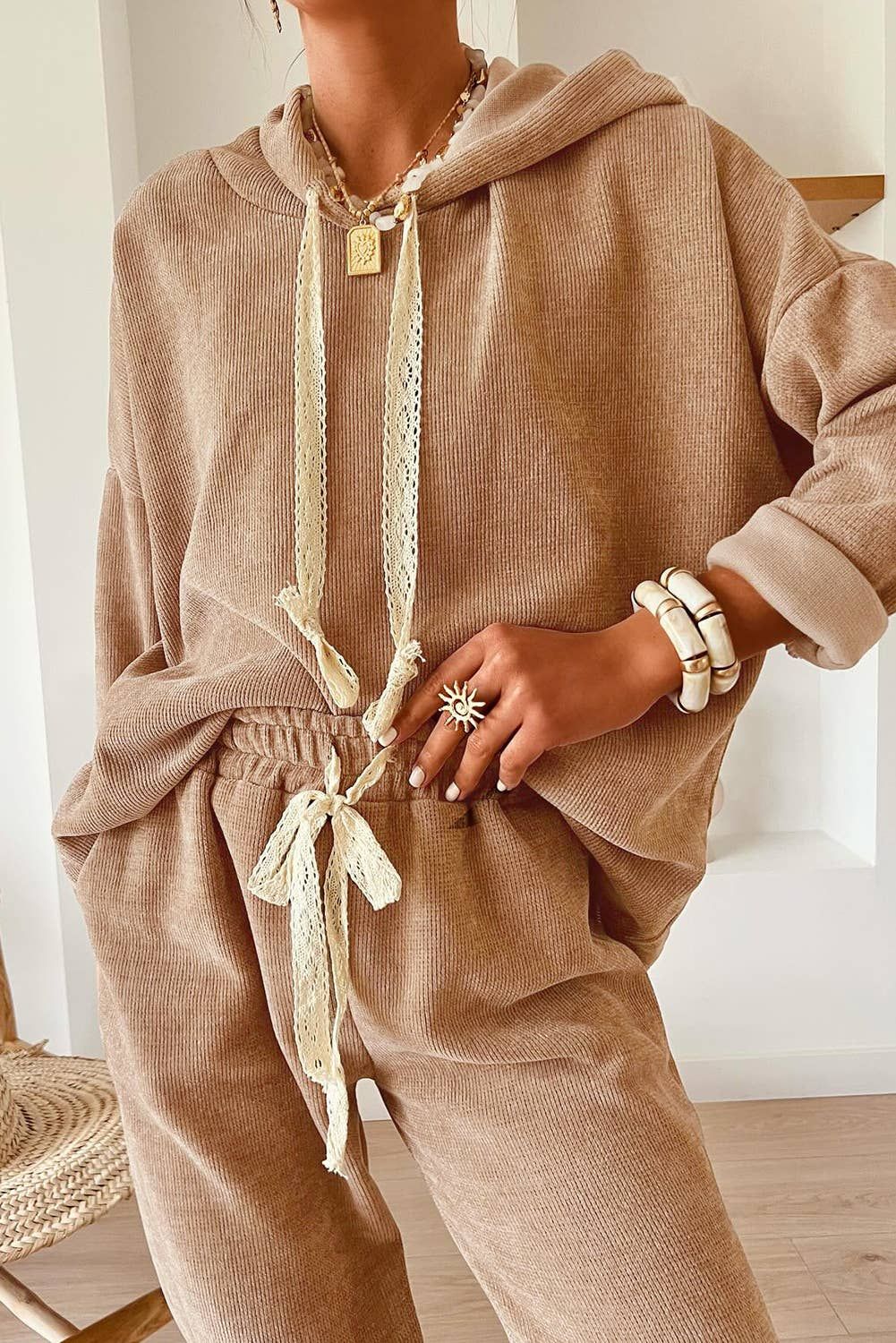 Drawstring Pullover Hoodie and High Waist Pants Corduroy Set
