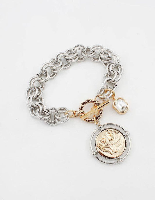 Silver Layered Chain with Silver and Gold Coin Charm Toggle Bracelet