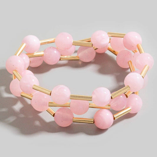 Metallic Bars And Ball Resin Beads Bracelet 3 Set