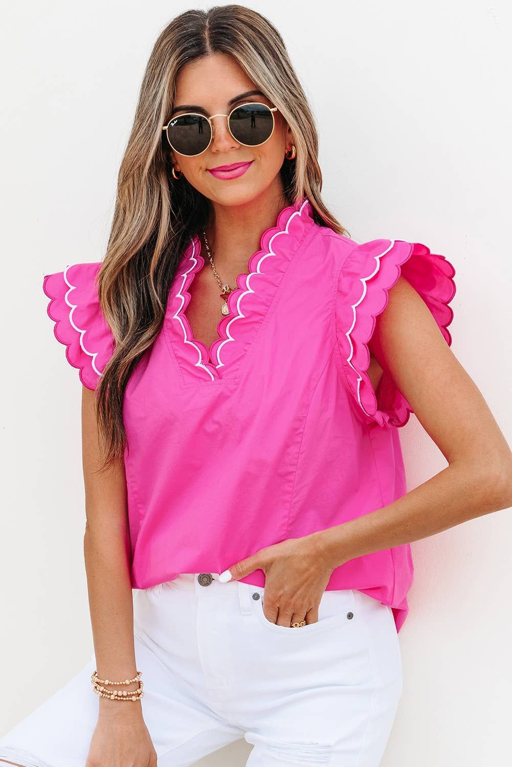Contrast Scallop Trim Layered Short Sleeve Blouse | S-XL