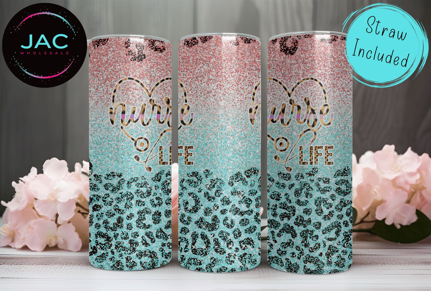 Nurse Life Leopard Glitter Skinny Tumbler 20oz