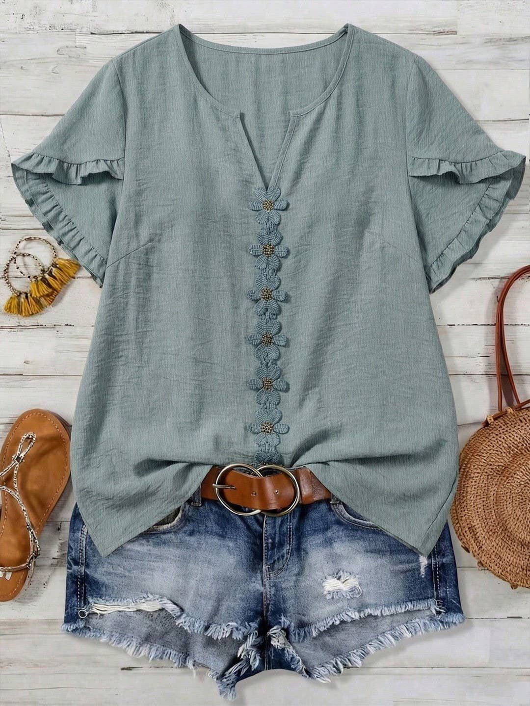 Boho Floral Embroidery V-Neck Ruffle Sleeves Shirt