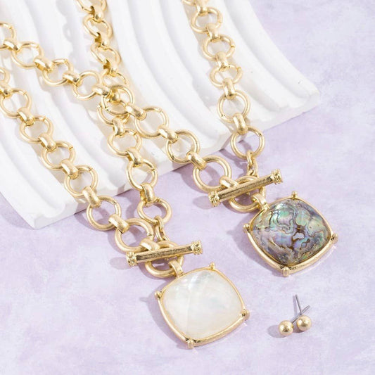 Faceted Square Stone Pendant Necklace Set