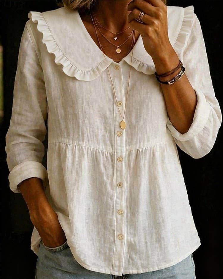 Ruffled Peter Pan Collar Button-Down Peplum Blouse