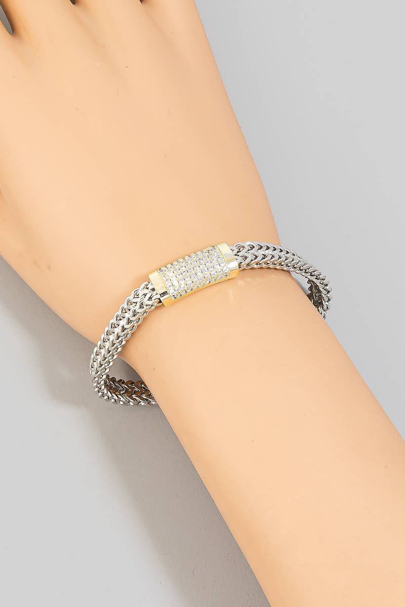 Cz Pave Bar 2 Tone Layered Chains Magnetic Bracelet