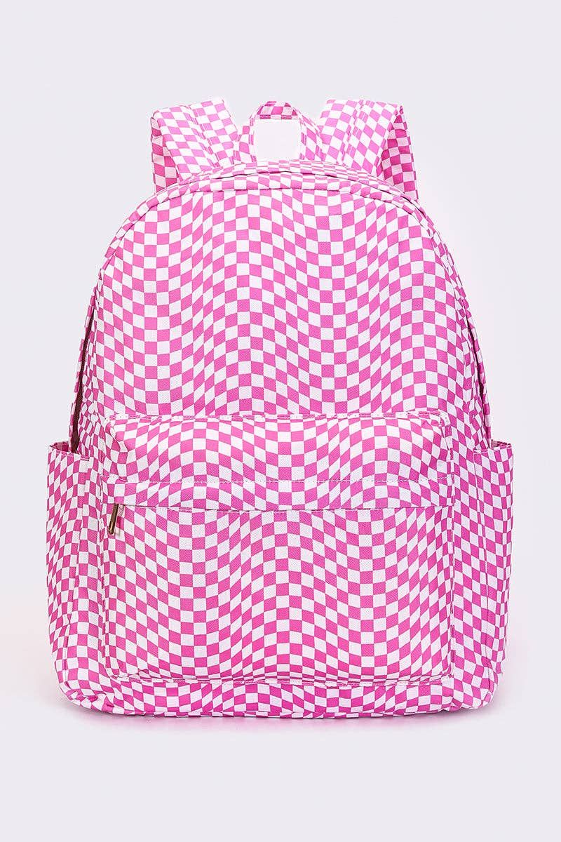 Girls Pink Wavy Checkered Canvas Backpack