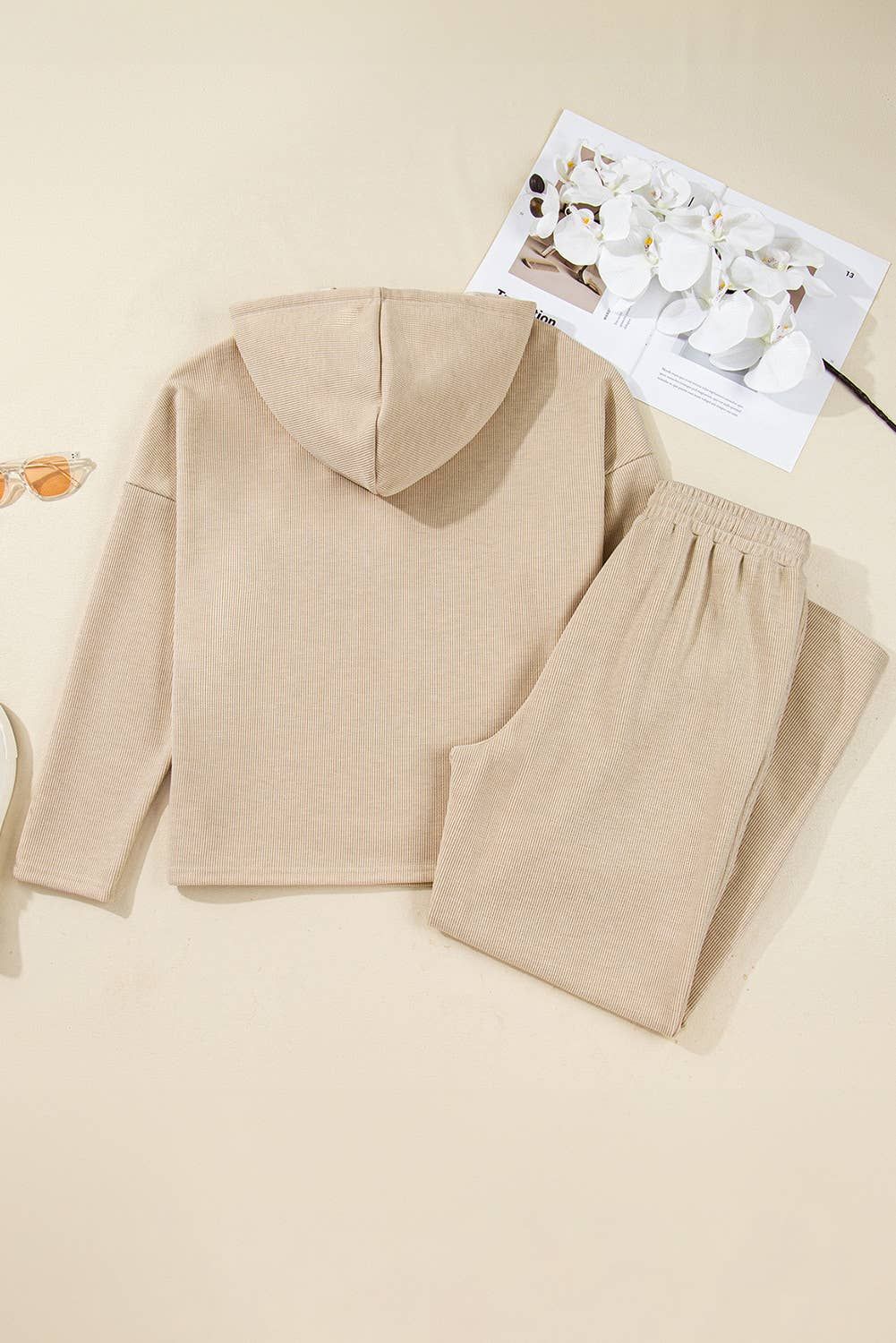 Drawstring Pullover Hoodie and High Waist Pants Corduroy Set