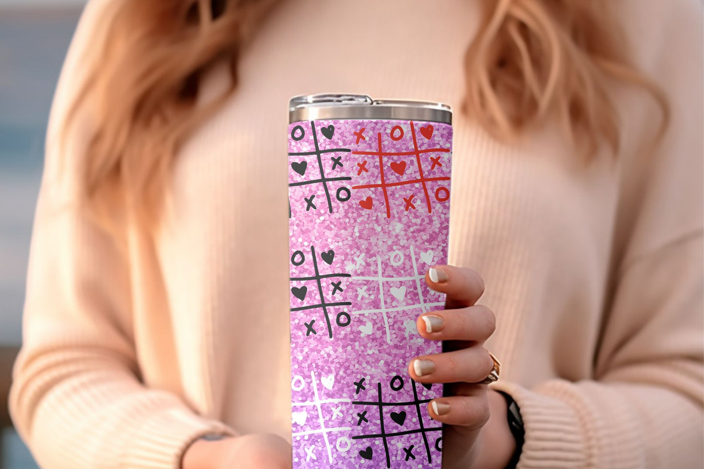 Pink Glitter Tic Tac Toe Valentine  20oz Skinny Tumbler