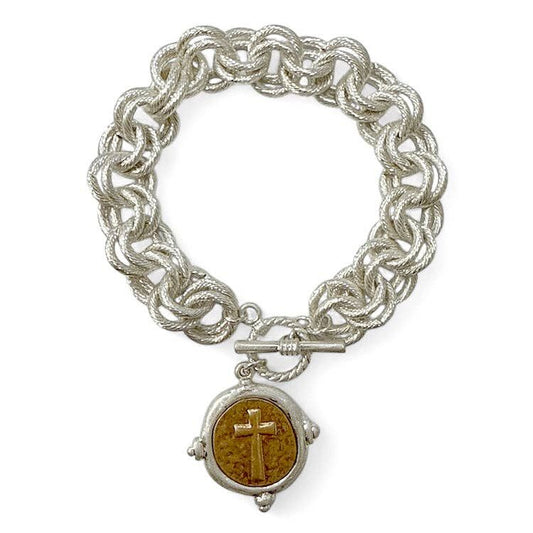 Silver Layered Chain with Gold and Silver Cross Charm 7.5" Bracelet