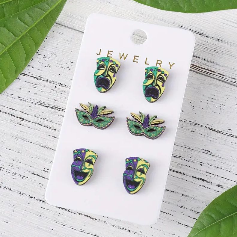 Mardi Gras Jester & Mask Trio of Earrings