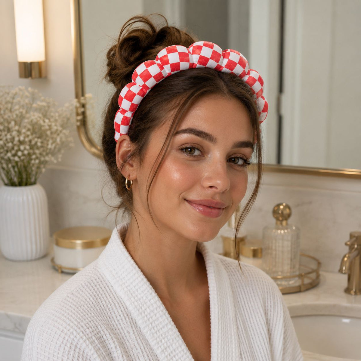 Red Checkerboard “Get Ready With Me” Skincare Headband