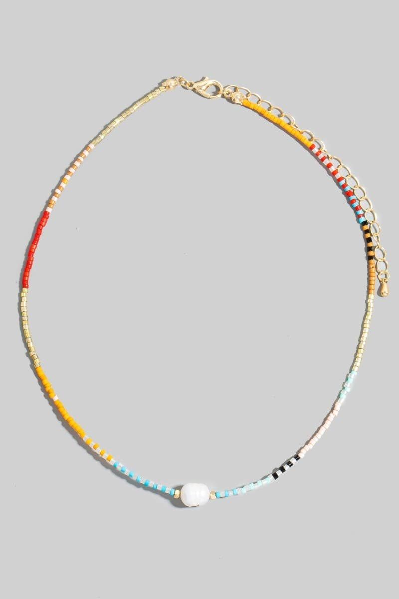 Dainty Seed Beaded Pearl Charm Necklace