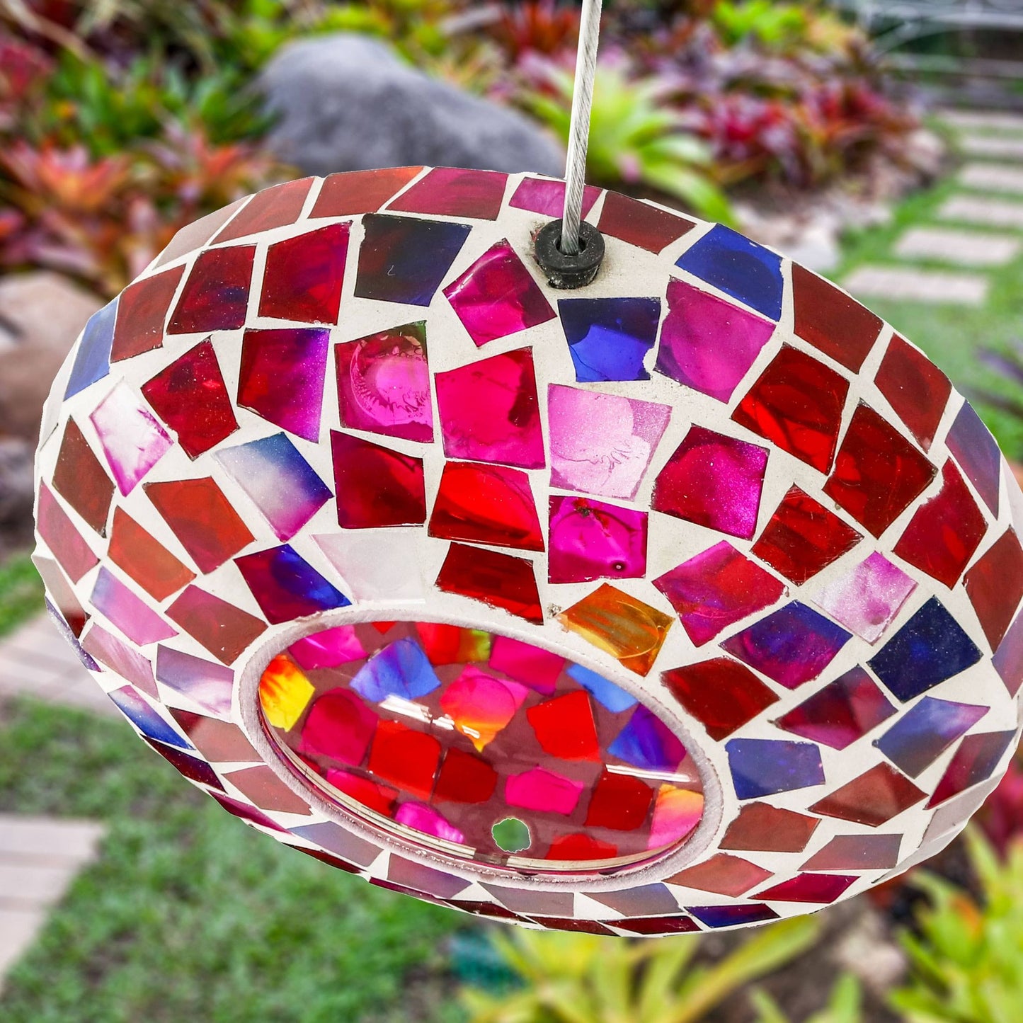 Glass Crimson Mosaic Fly-Through Hanging Bird Feeder - 6 in
