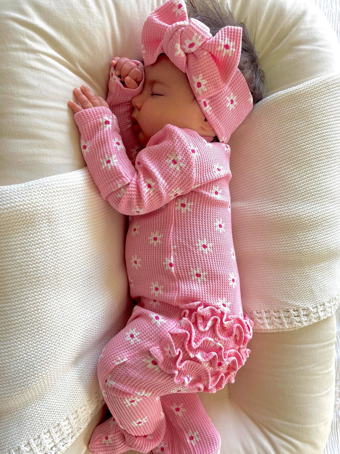 Organic Waffle 2-Way Zip Ruffle Footie, Pink Flower