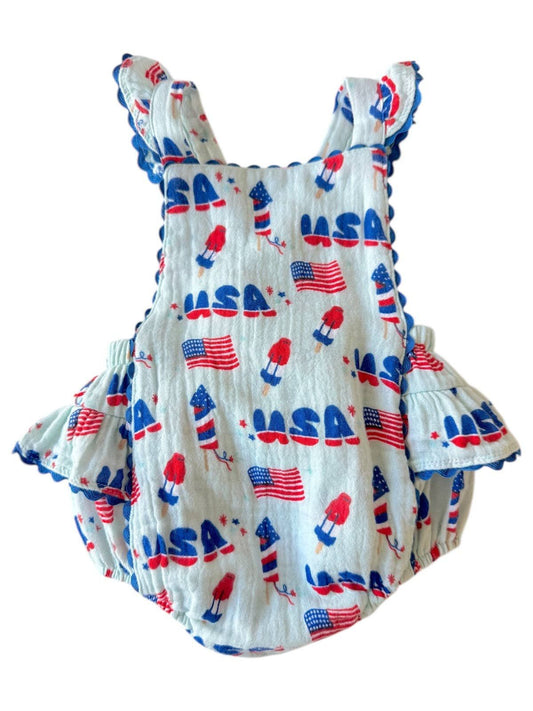 Muslin Ric-Rac Ruffle Sunsuit, 4th of July Blue