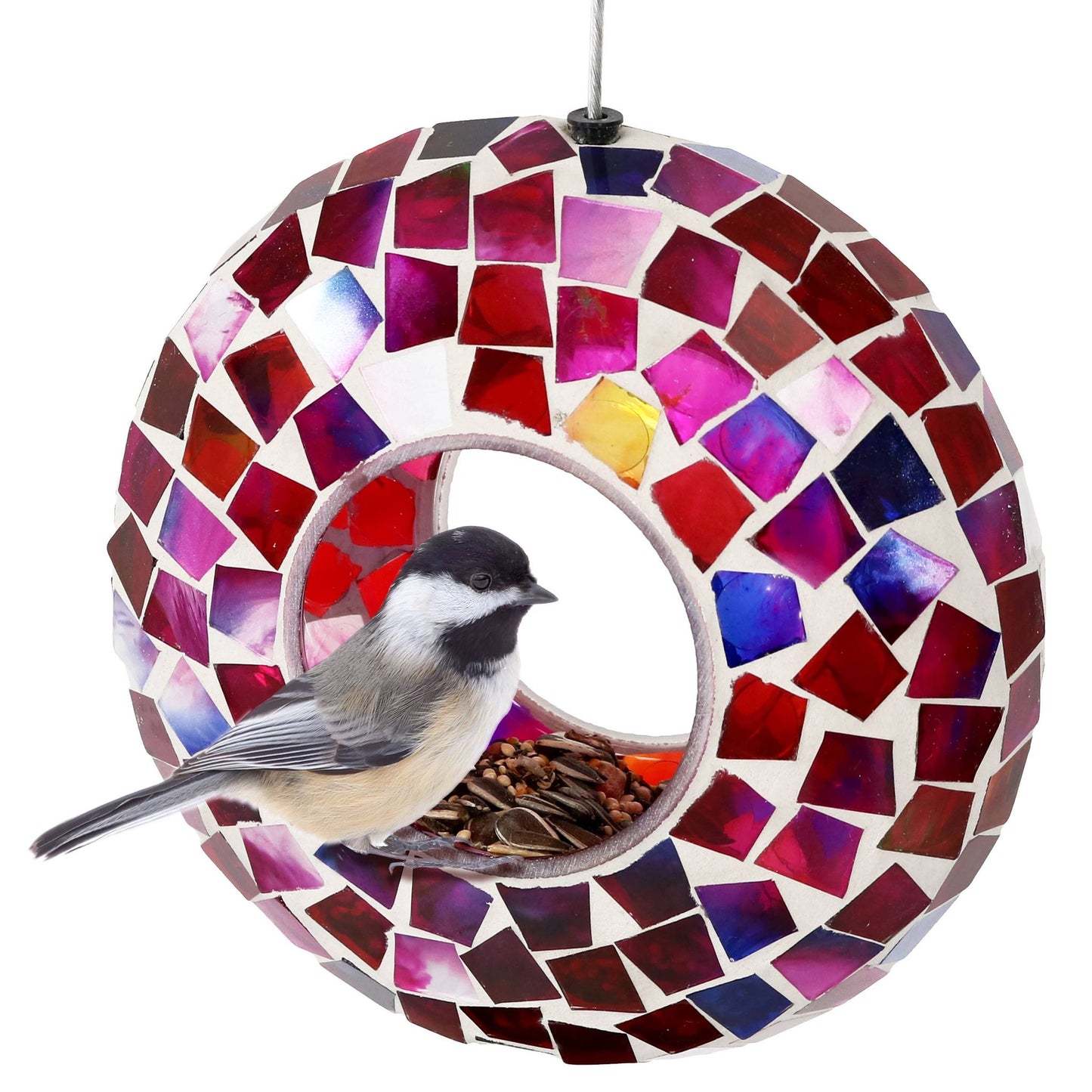 Glass Crimson Mosaic Fly-Through Hanging Bird Feeder - 6 in