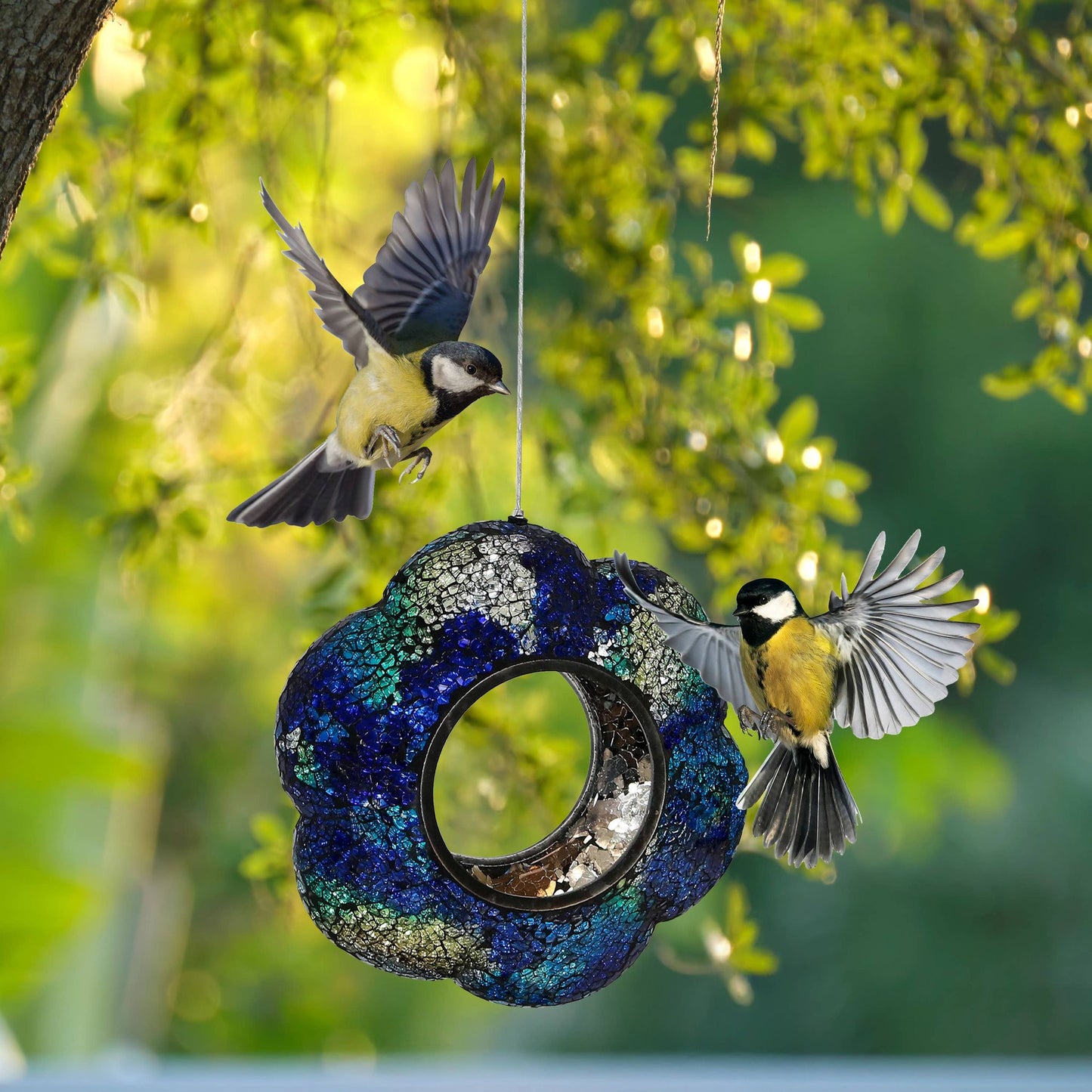 Glass Indigo Flower Mosaic Fly-Through Hanging Bird Feeder