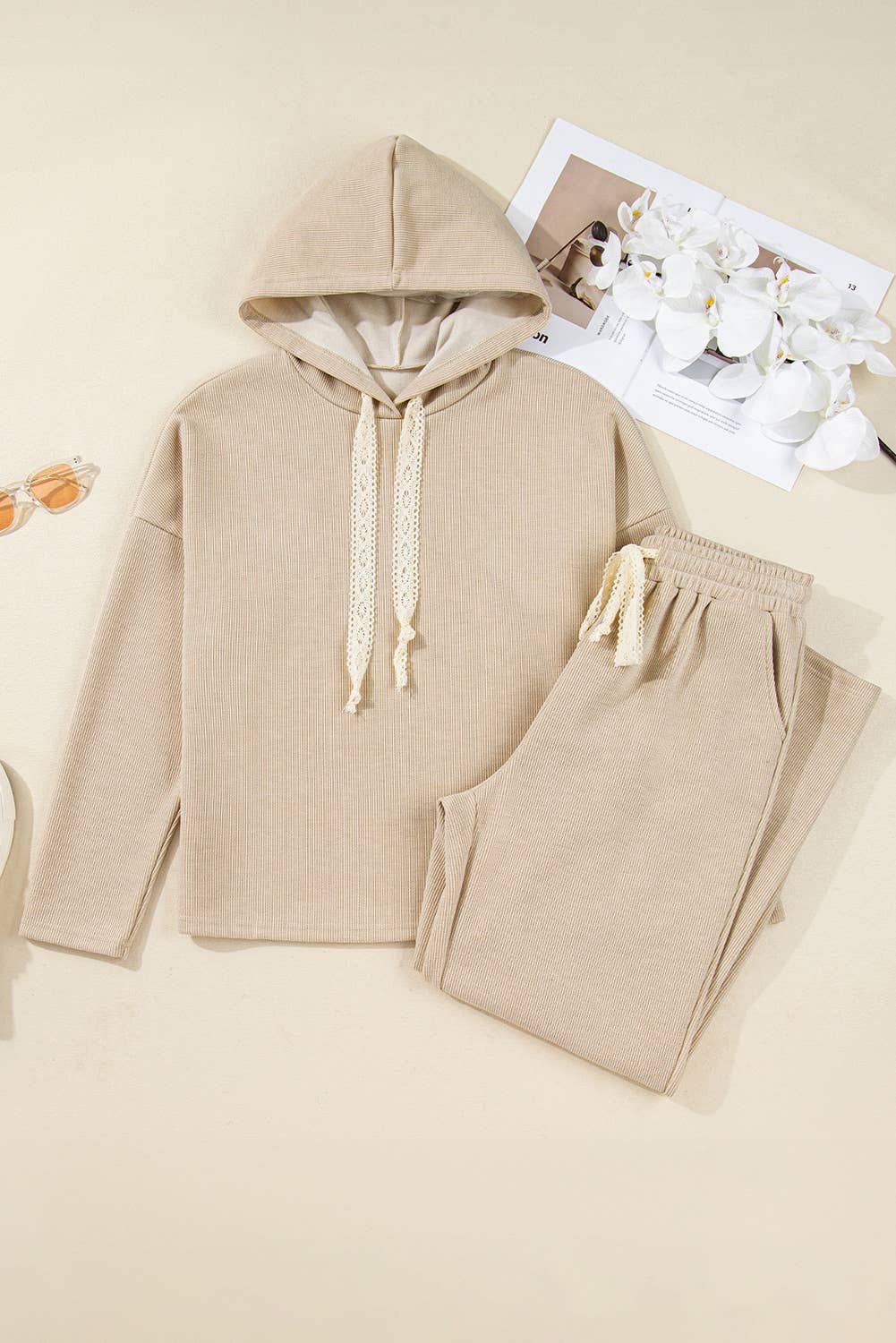Drawstring Pullover Hoodie and High Waist Pants Corduroy Set