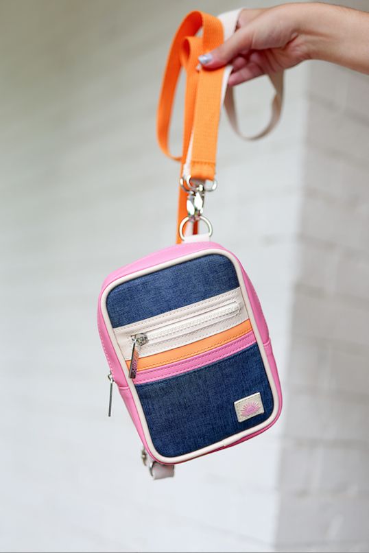 Crossbody Purse - Denim Print - Denim/Pink/Cream