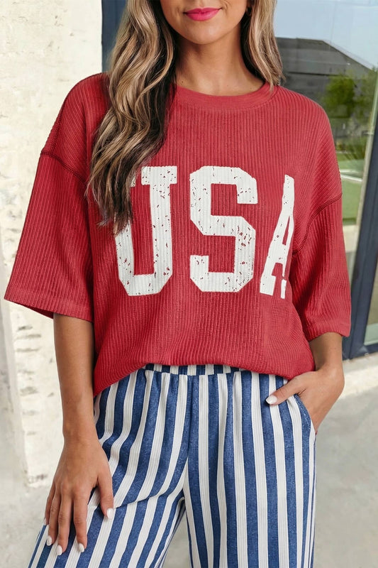 USA Graphic Half Sleeve Ribbed Top | S-XL Plus 1X-4X