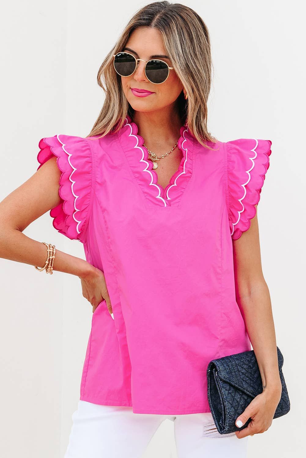 Contrast Scallop Trim Layered Short Sleeve Blouse | S-XL
