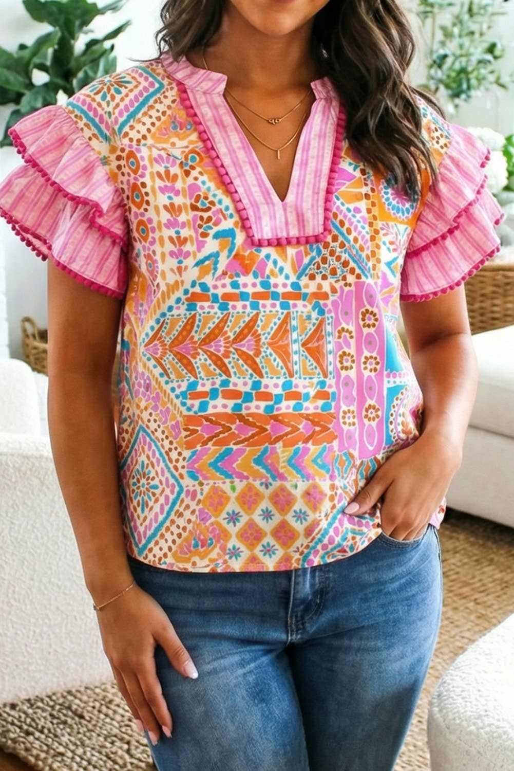 Boho Mixed Print Ruffled Blouse | S-XL & Plus 1X-4X