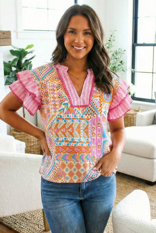 Boho Mixed Print Ruffled Blouse | S-XL & Plus 1X-4X