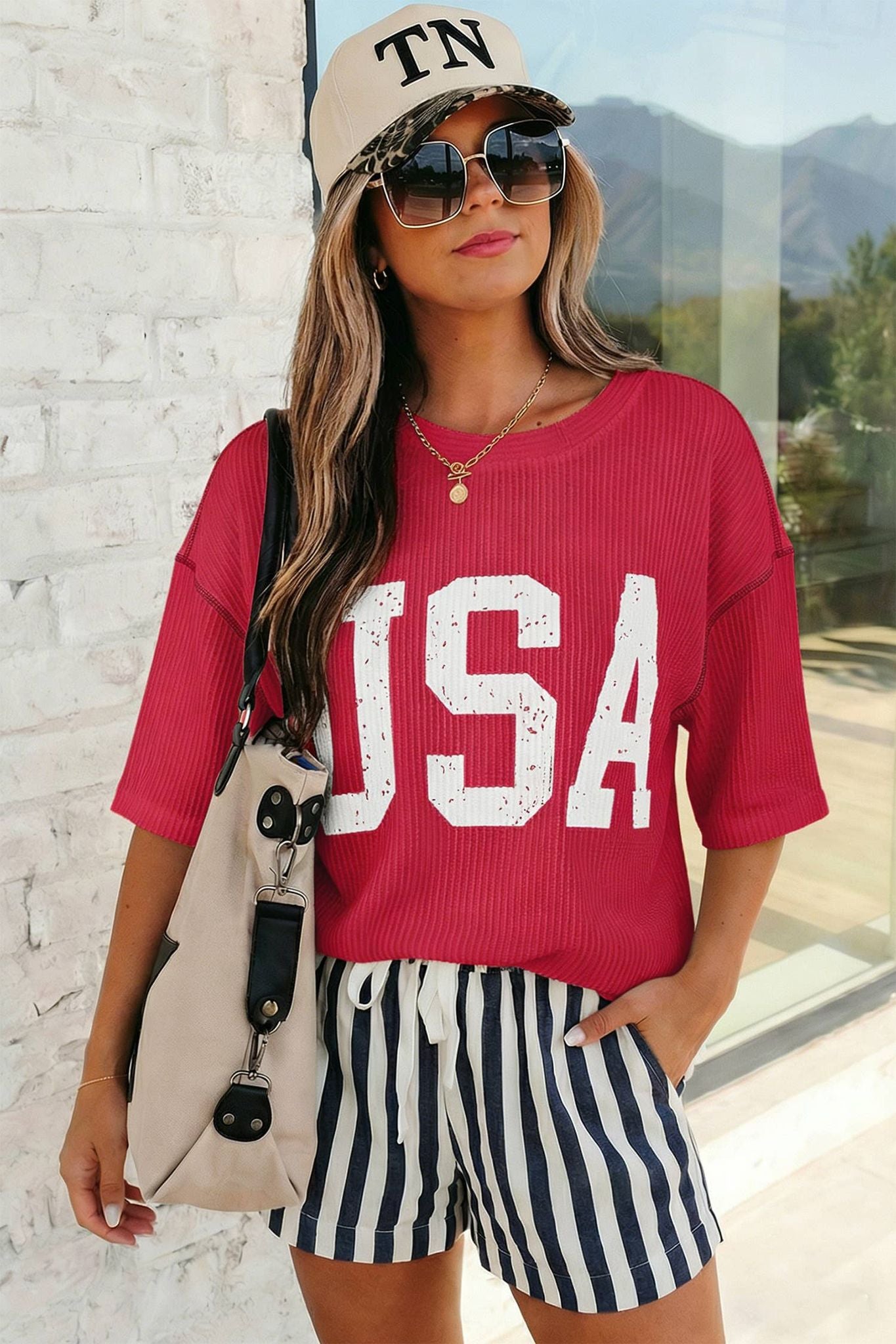 USA Graphic Half Sleeve Ribbed Top | S-XL Plus 1X-4X