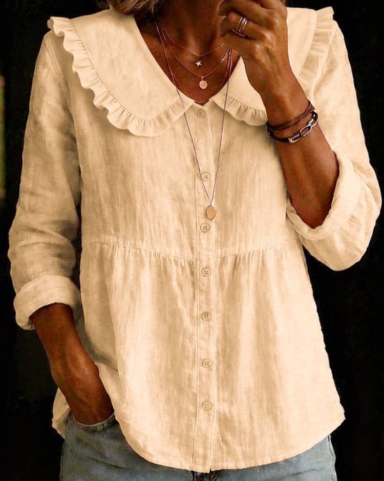 Ruffled Peter Pan Collar Button-Down Peplum Blouse