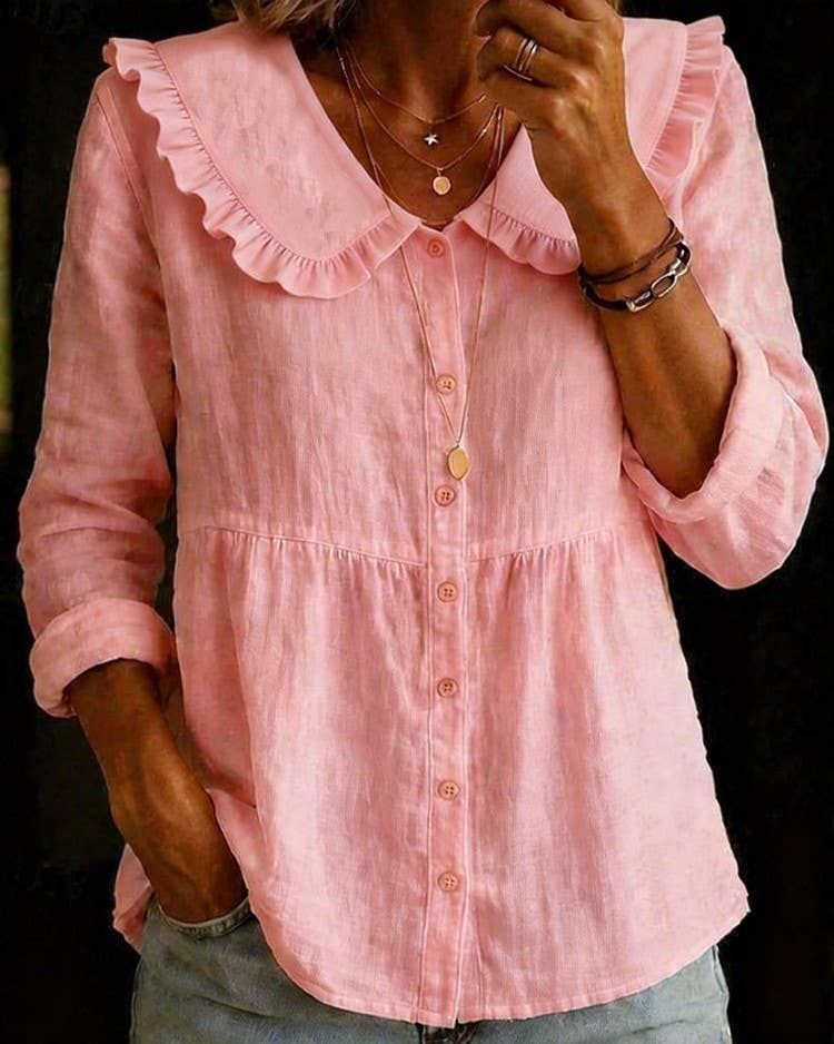 Ruffled Peter Pan Collar Button-Down Peplum Blouse
