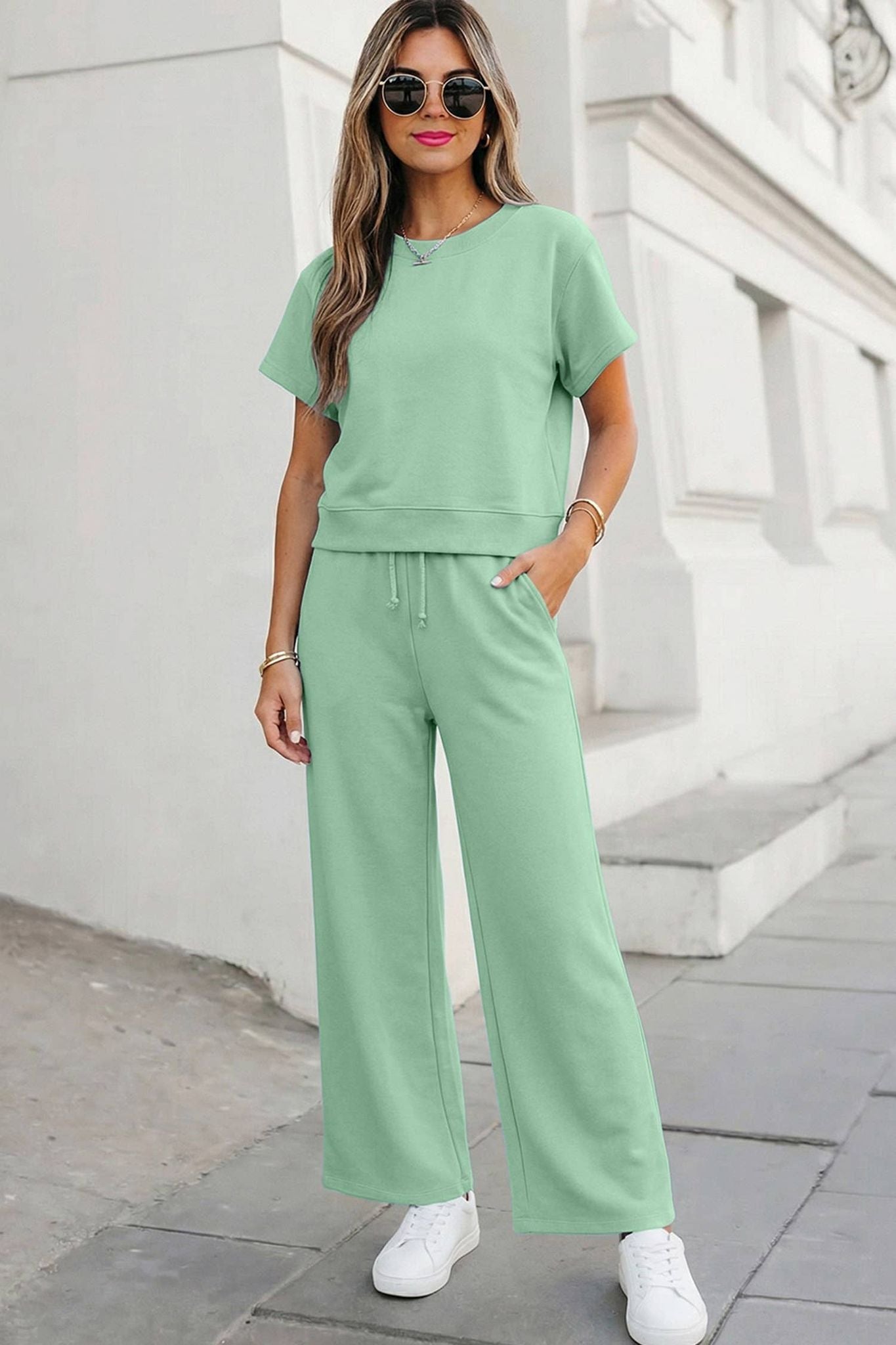 Soft Color Tee & Wide Leg Pants 2pcs Set | S-XL Plus 1X-4X