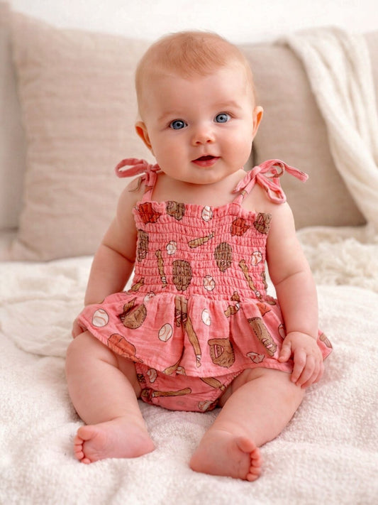 Muslin Smocked Bubble w/ Skirt, Baseball Pink