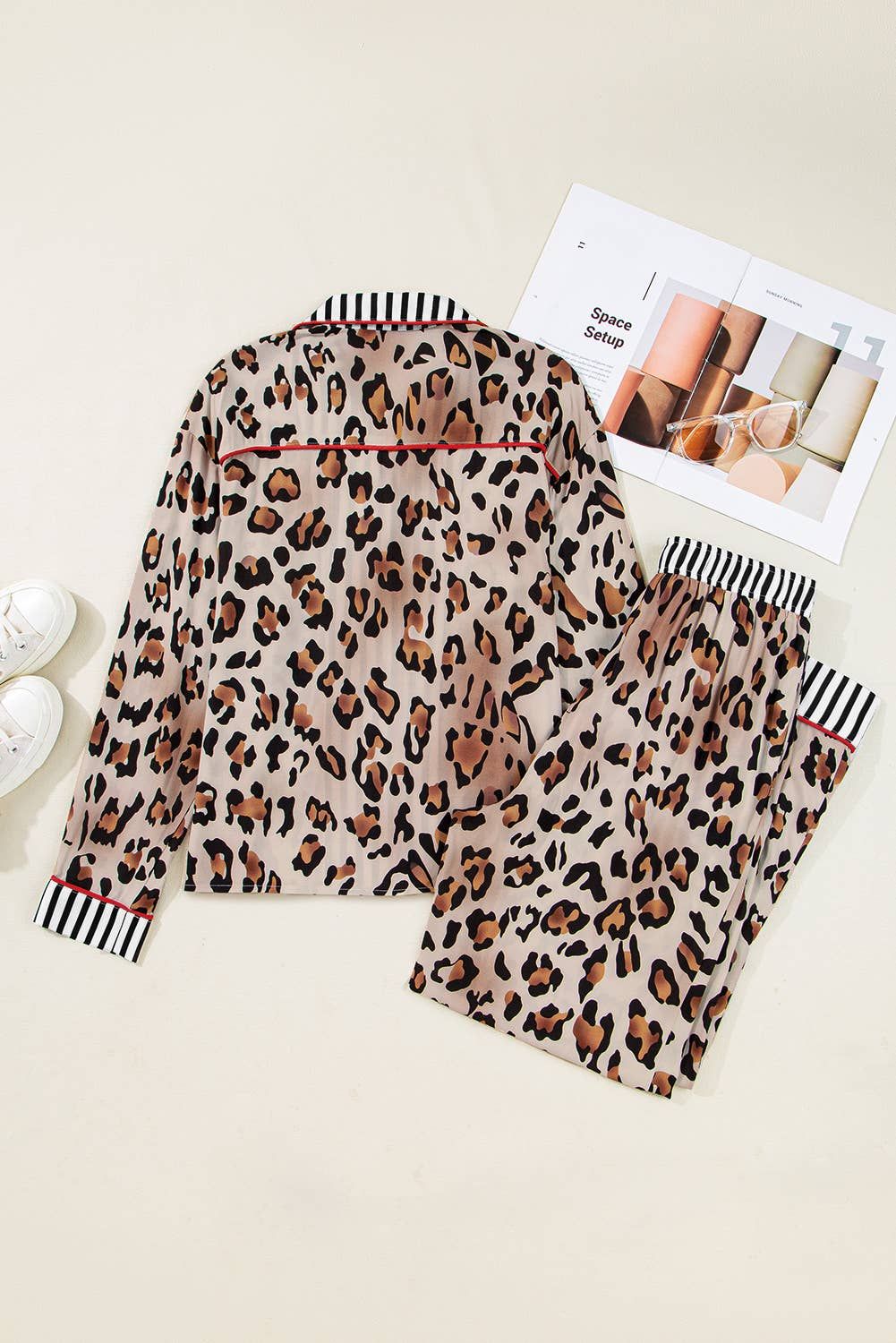 66 Leopard Striped Edge Plus Size Pajama Set (S-4X)