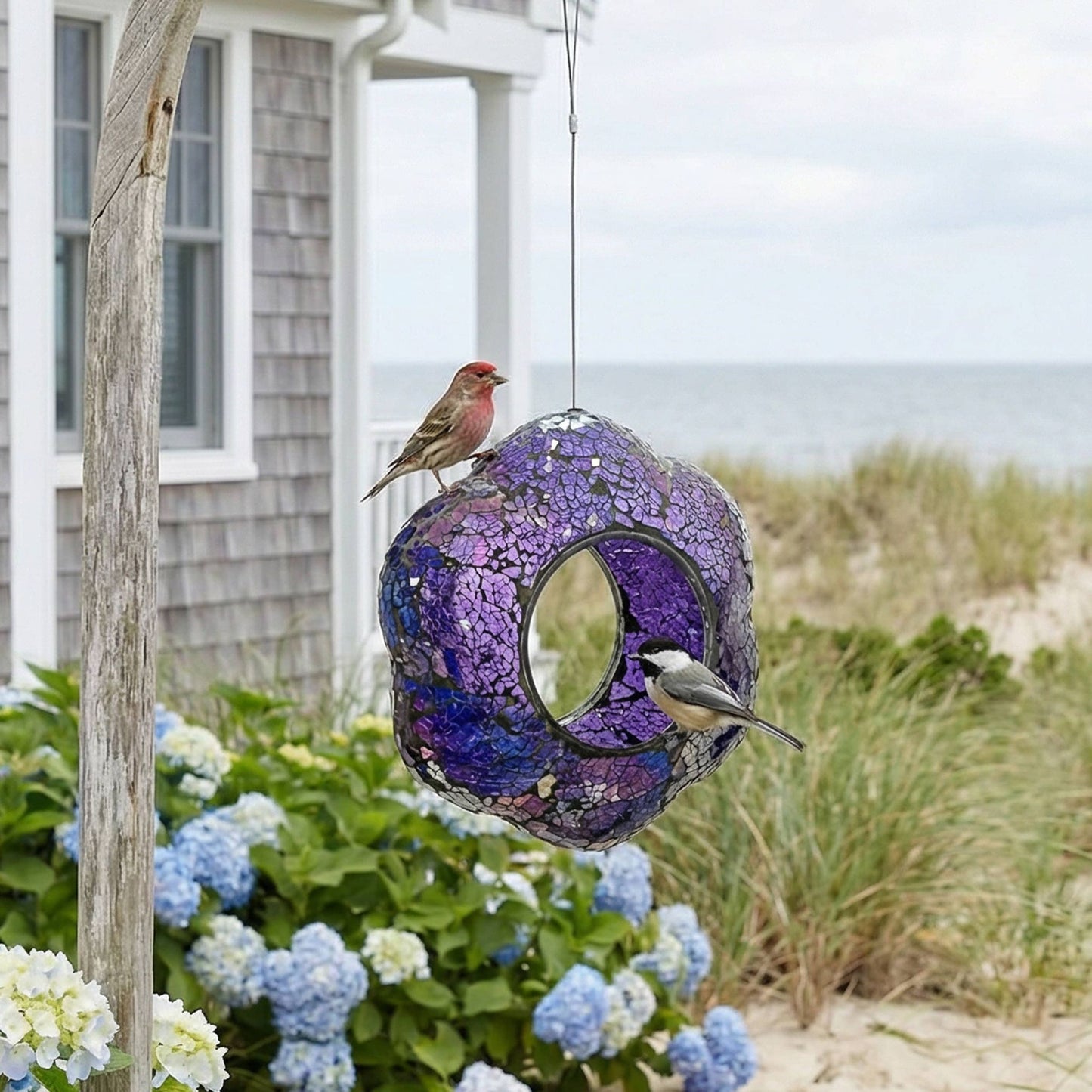 Purple Glass Flower Mosaic Fly-Through Hanging Bird Feeder